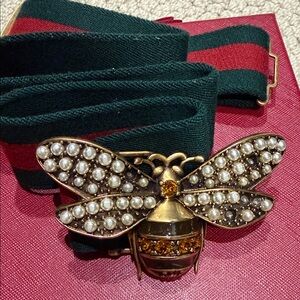 Gucci Green and Red Belt with Pearl Bee Buckle